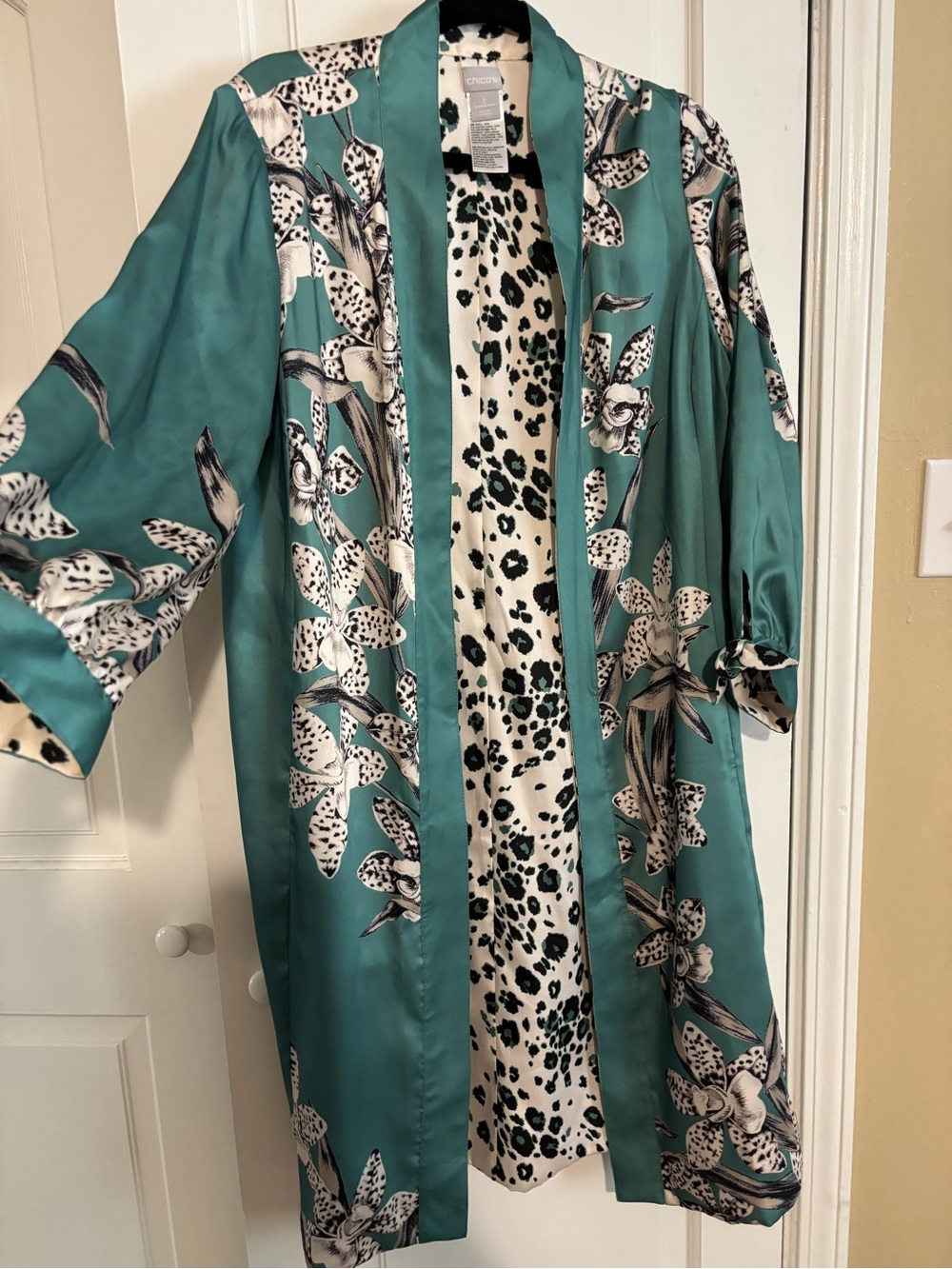 Chico's Teal Floral Satin Kimono Jacket with Ivory Printed Lining